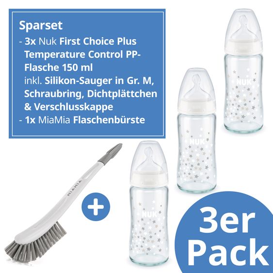 Nuk Glas-Flasche 3er Pack First Choice Plus 240 ml + Silikon-Sauger Gr. 1 M - Temperature Control + GRATIS Flaschenbürste - Sterne