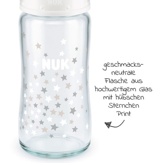 Nuk Glass bottle 3-pack First Choice Plus 240 ml + silicone teat size 1 M - Temperature Control + FREE bottle brush - stars