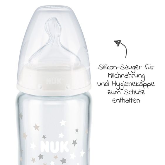 Nuk Glass bottle 3-pack First Choice Plus 240 ml + silicone teat size 1 M - Temperature Control + FREE bottle brush - stars