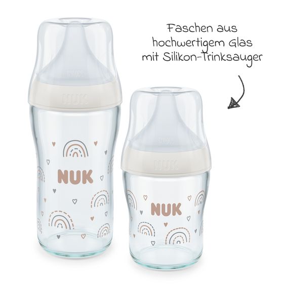 Nuk Glas-Flasche 4er Pack Perfect Match 120 ml & 230 ml + Silikon-Sauger Gr. S & M - Regenbogen - Weiß