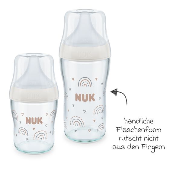 Nuk Glas-Flasche 4er Pack Perfect Match 120 ml & 230 ml + Silikon-Sauger Gr. S & M - Regenbogen - Weiß