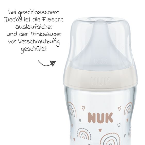 Nuk Glas-Flasche 4er Pack Perfect Match 120 ml & 230 ml + Silikon-Sauger Gr. S & M - Regenbogen - Weiß