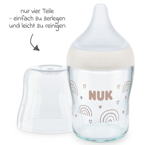 Nuk Glas-Flasche 4er Pack Perfect Match 120 ml & 230 ml + Silikon-Sauger Gr. S & M - Regenbogen - Weiß