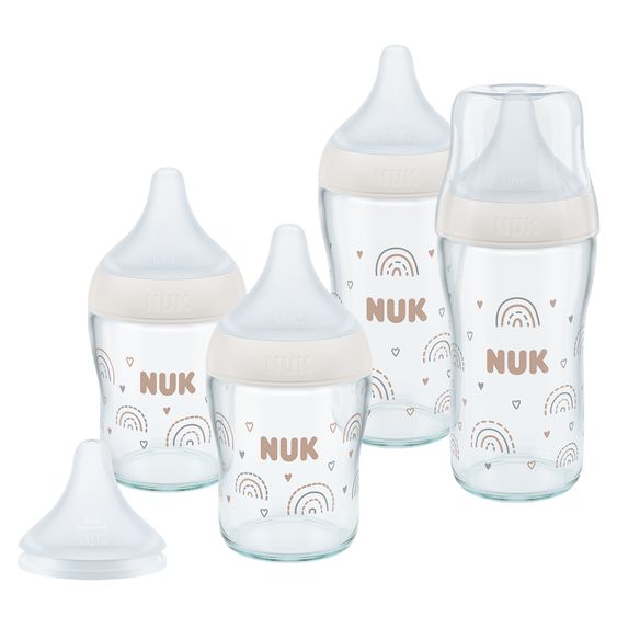 Nuk Glas-Flasche 4er Pack Perfect Match + Silikon-Sauger 120 & 230 ml - Regenbogen - Gr. S & M