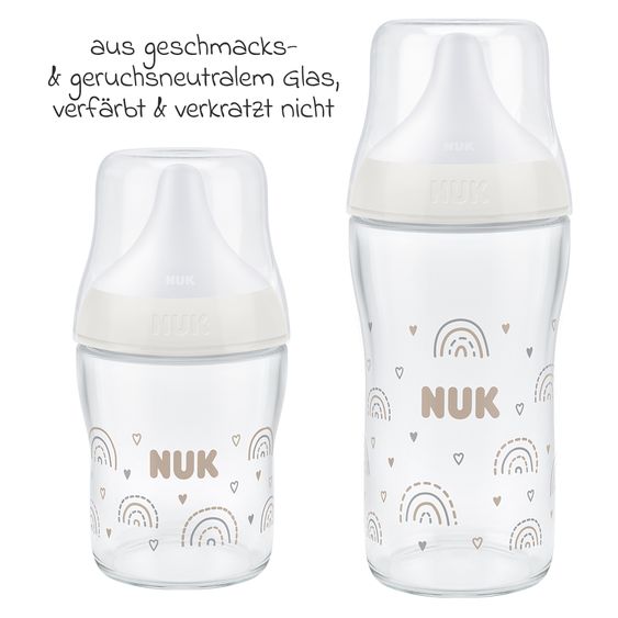 Nuk Glas-Flasche 4er Pack Perfect Match + Silikon-Sauger 120 & 230 ml - Regenbogen - Gr. S & M