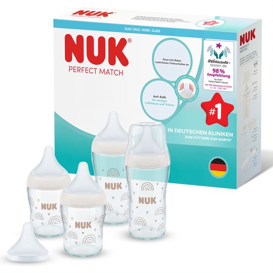 Nuk Glas-Flasche 4er Pack Perfect Match + Silikon-Sauger 120 & 230 ml - Regenbogen - Gr. S & M