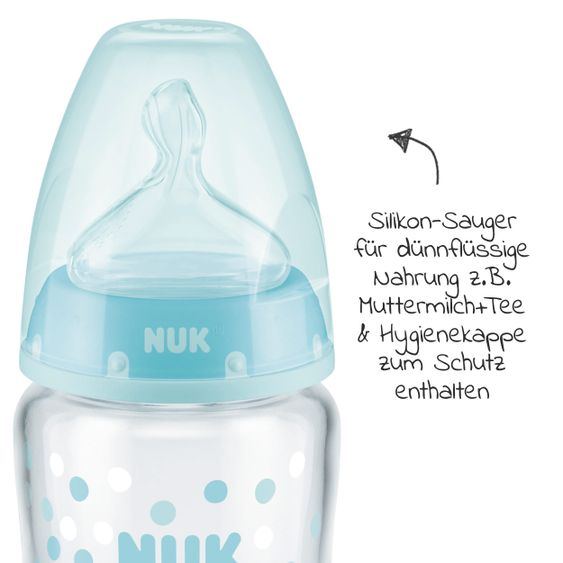 Nuk Glas-Flasche First Choice Plus 120 ml + Silikon-Sauger Gr. 1 S - Türkis