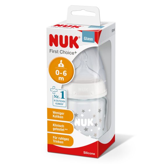 Nuk Glas-Flasche First Choice Plus 120 ml + Silikon-Sauger Gr. 1 S - Weiß