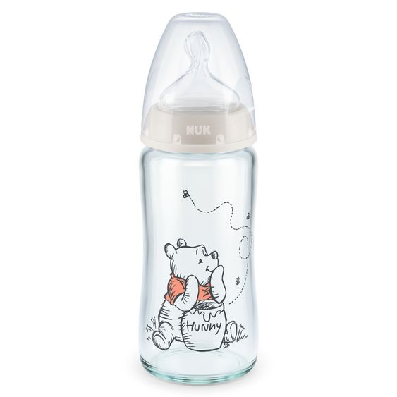 Nuk Glas-Flasche First Choice Plus 240 ml + Silikon-Sauger Gr. 1 M - Temperature Control - Disney Winnie Pooh - Beige