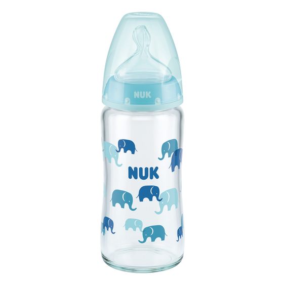 Nuk Glas-Flasche First Choice Plus 240 ml + Silikon-Sauger Gr. M - Temperature Control - Blau