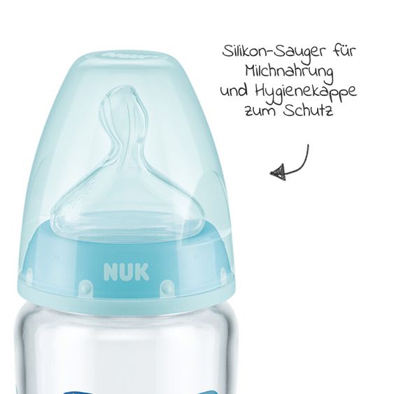 Nuk Glas-Flasche First Choice Plus 240 ml + Silikon-Sauger Gr. M - Temperature Control - Blau