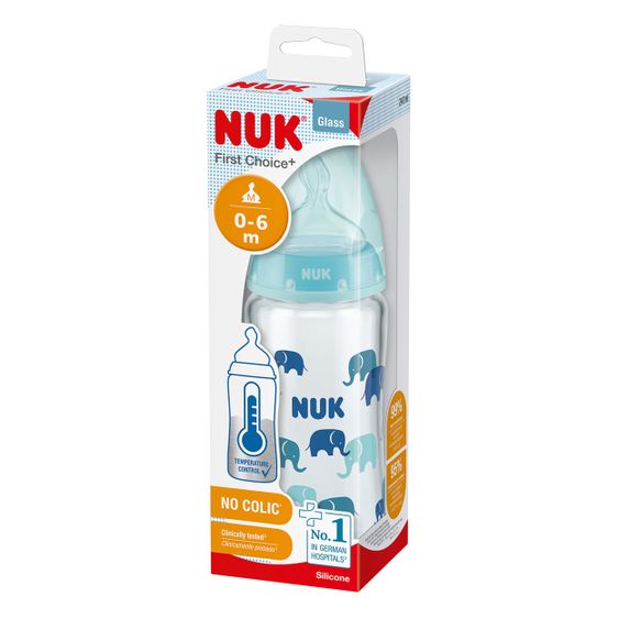 Nuk Glas-Flasche First Choice Plus 240 ml + Silikon-Sauger Gr. M - Temperature Control - Blau