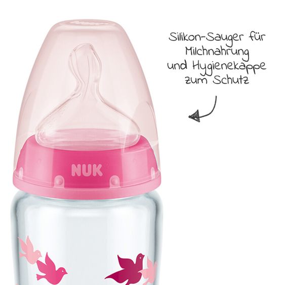 Nuk Glas-Flasche First Choice Plus 240 ml + Silikon-Sauger Gr. M - Temperature Control - Rosa