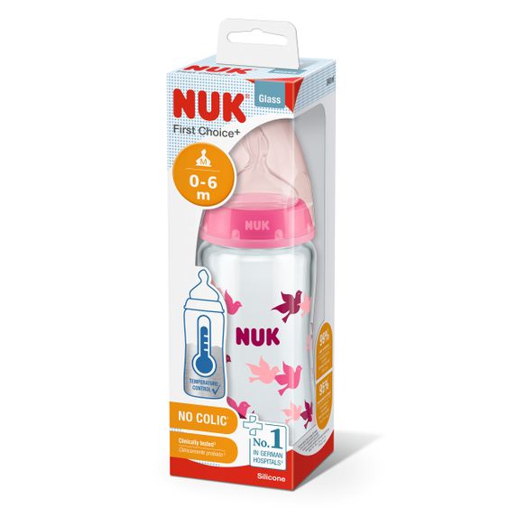 Nuk Glas-Flasche First Choice Plus 240 ml + Silikon-Sauger Gr. M - Temperature Control - Rosa