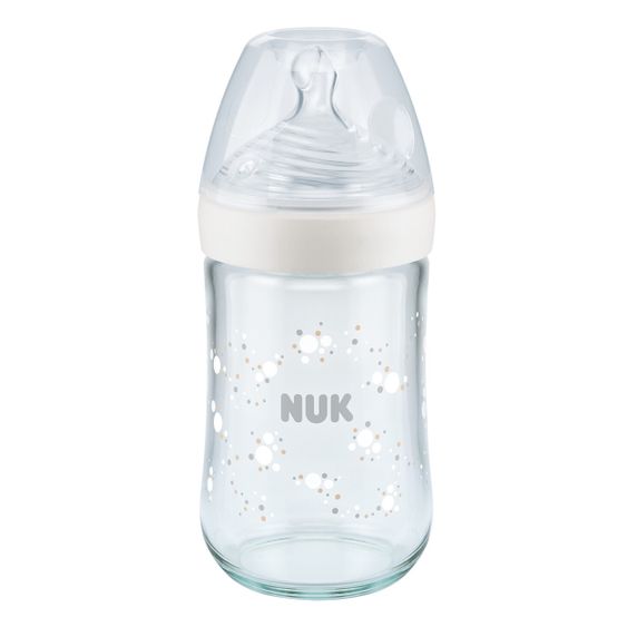 Nuk Bottiglia in vetro Nature Sense 240 ml + tettarella in silicone taglia M - Controllo della temperatura - Bianco