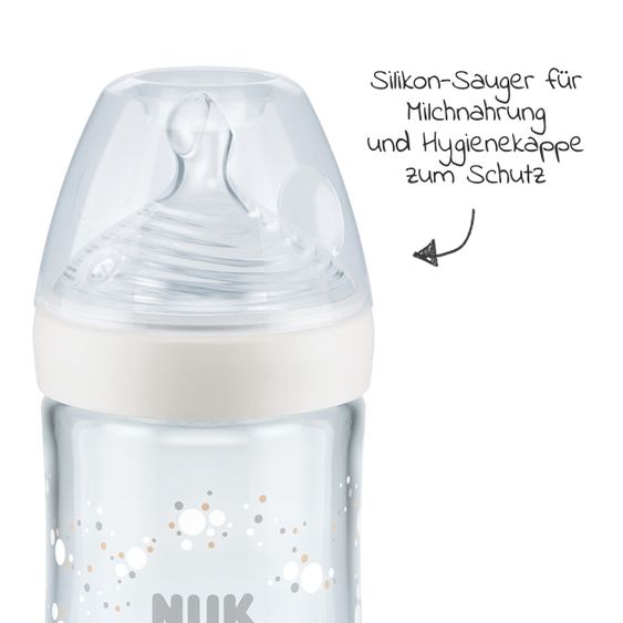 Nuk Bottiglia in vetro Nature Sense 240 ml + tettarella in silicone taglia M - Controllo della temperatura - Bianco
