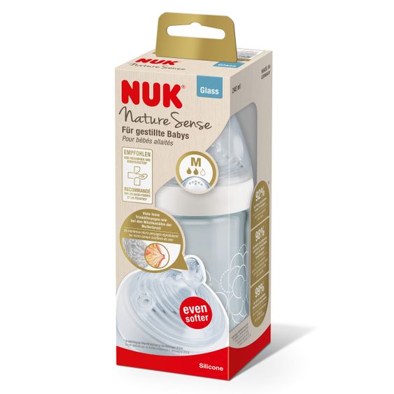 Nuk Glas-Flasche Nature Sense 240 ml + Silikon-Sauger Gr. M - Weiß