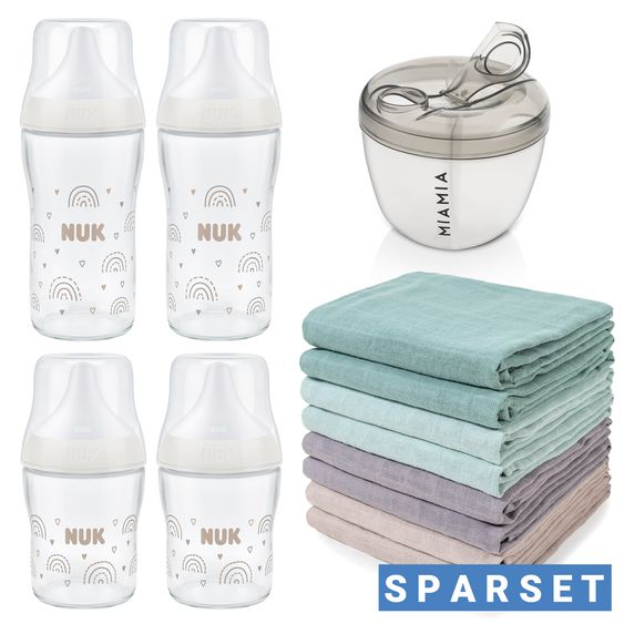 Nuk Glass Bottle Set Perfect Match 13-pcs. - 4 Baby Bottles + Milk Powder Dispenser + 8 Burp Cloths - Rainbow