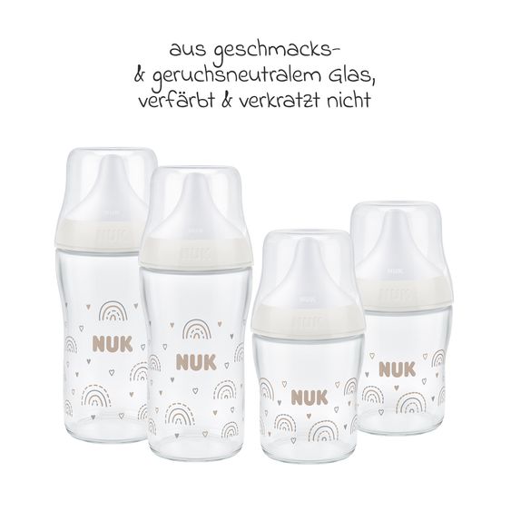 Nuk Glass Bottle Set Perfect Match 13-pcs. - 4 Baby Bottles + Milk Powder Dispenser + 8 Burp Cloths - Rainbow
