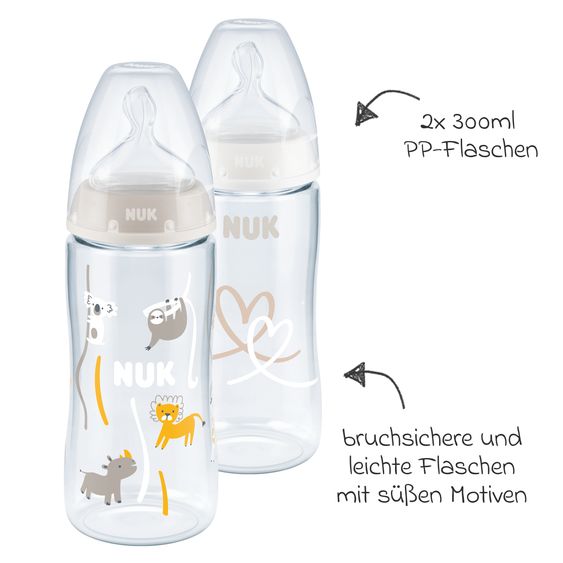 Nuk PP-Flasche 2er Pack First Choice Plus 300 ml + Silikon-Sauger Gr. 1 M - Temperature Control - Beige