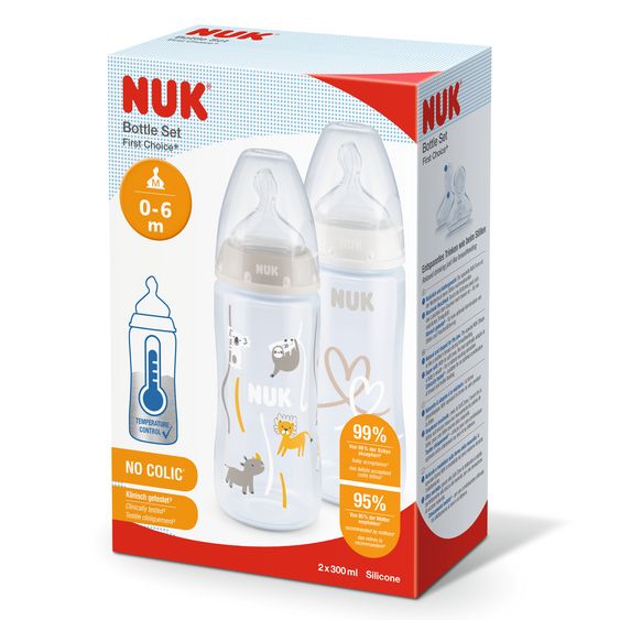 Nuk PP-Flasche 2er Pack First Choice Plus 300 ml + Silikon-Sauger Gr. 1 M - Temperature Control - Beige