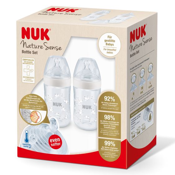 Nuk PP-Flasche 2er Pack Nature Sense 260 ml + Silikon-Sauger Gr. M - Temperature Control - Weiß
