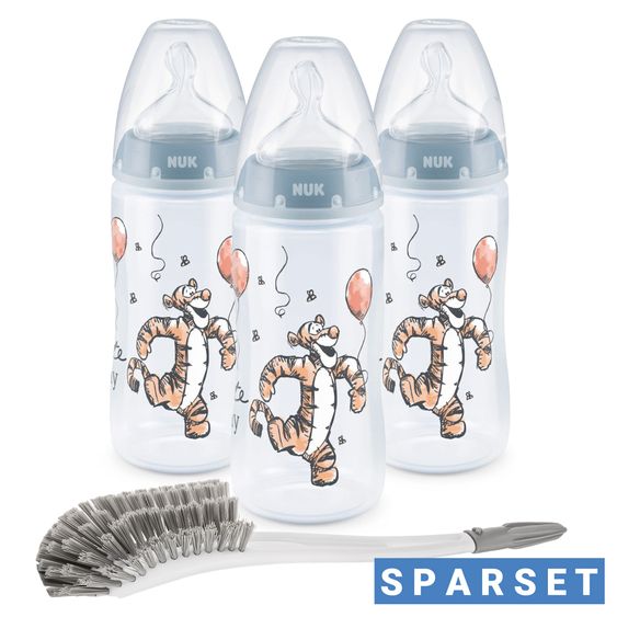 Nuk PP-Flasche 3er Pack First Choice Plus 300 ml + Silikon-Sauger Gr. 1 M - Temperature Control + Flaschenbürste - Disney Winnie Pooh - Blau