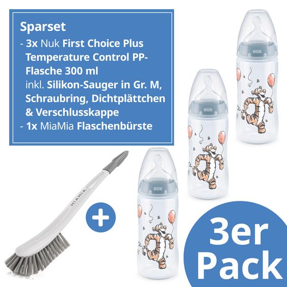 Nuk PP-Flasche 3er Pack First Choice Plus 300 ml + Silikon-Sauger Gr. 1 M - Temperature Control + Flaschenbürste - Disney Winnie Pooh - Blau