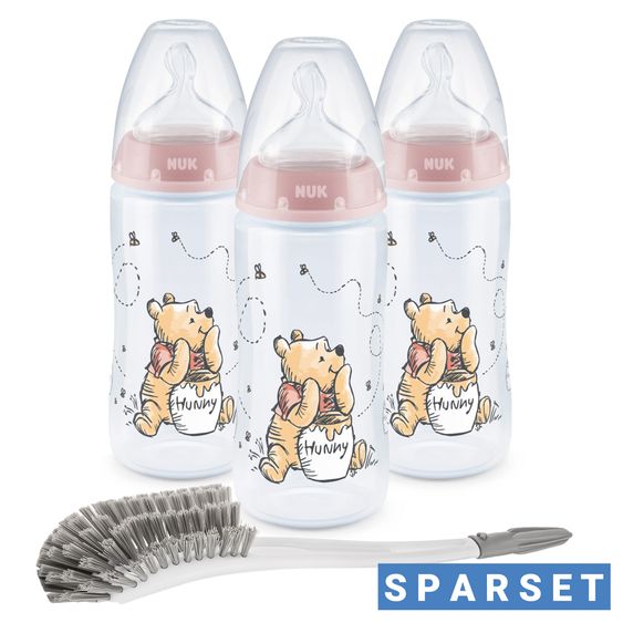 Nuk PP-Flasche 3er Pack First Choice Plus 300 ml + Silikon-Sauger Gr. 1 M - Temperature Control + Flaschenbürste - Disney Winnie Pooh - Rosa