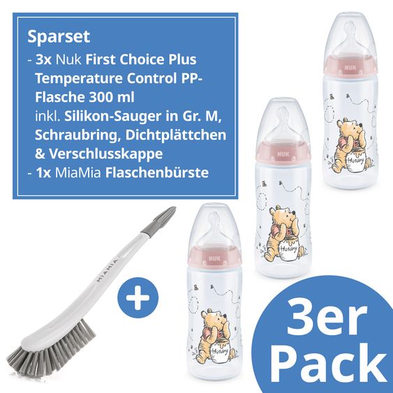 Nuk PP-Flasche 3er Pack First Choice Plus 300 ml + Silikon-Sauger Gr. 1 M - Temperature Control + Flaschenbürste - Disney Winnie Pooh - Rosa