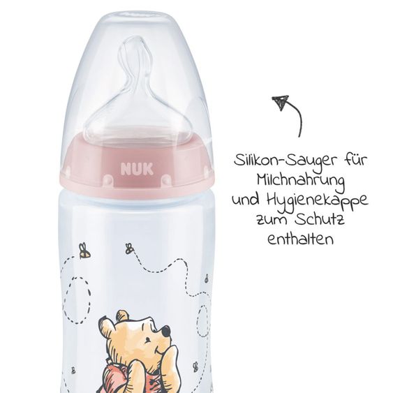 Nuk PP-Flasche 3er Pack First Choice Plus 300 ml + Silikon-Sauger Gr. 1 M - Temperature Control + Flaschenbürste - Disney Winnie Pooh - Rosa
