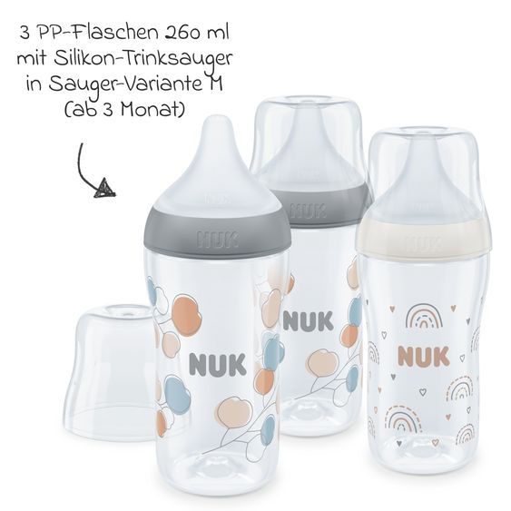 Nuk PP-Flasche 3er Pack Perfect Match 260 ml + Silikon-Sauger Gr. M - Zweige & Regenbogen