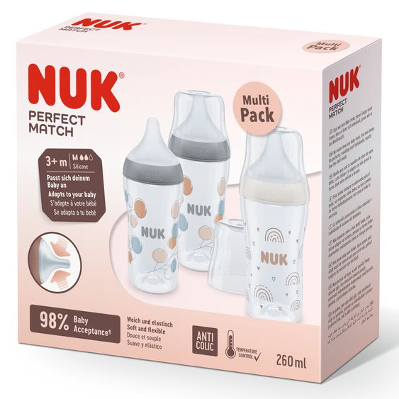 Nuk Bottiglia PP 3-pack Perfect Match 260 ml + tettarella in silicone taglia M - twigs & rainbow