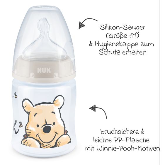 Nuk PP-Flasche First Choice Plus 150 ml + Silikon-Sauger Gr. 1 M - Temperature Control - Disney Winnie Pooh - Beige