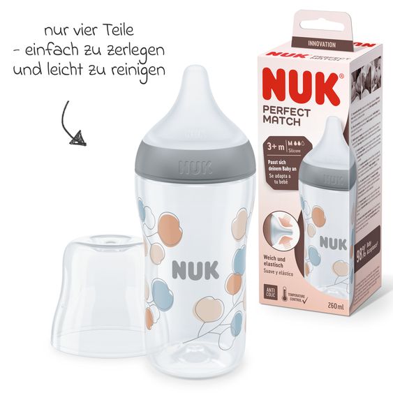 Nuk PP bottle Perfect Match 260 ml + silicone teat size M - twigs - gray