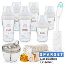 Set Bottiglie in Vetro Premium Perfect Match 11 pz. - 6 Biberon + Spazzola per biberon + Dosatore per latte in polvere + 3 Bavaglini - Regenbogen