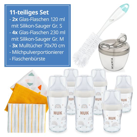Nuk Premium Glas-Flaschen Set Perfect Match 11-tlg. - 6 Babyflaschen + Flaschenbürste + Milchpulverportionierer + 3 Spucktücher - Regenbogen