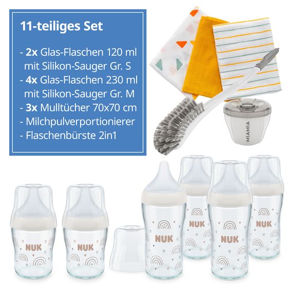 Nuk Premium Glas-Flaschen-Set Perfect Match 11-tlg. - 6 Babyflaschen + Flaschenbürste + Milchpulverportionierer + 3 Spucktücher - Regenbogen - Weiß