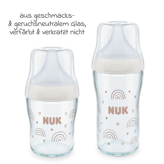 Nuk Premium Glas-Flaschen-Set Perfect Match 11-tlg. - 6 Babyflaschen + Flaschenbürste + Milchpulverportionierer + 3 Spucktücher - Regenbogen - Weiß