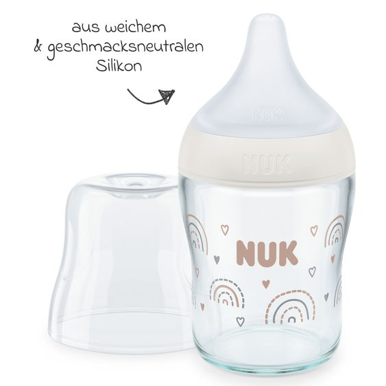 Nuk Premium Glas-Flaschen-Set Perfect Match 11-tlg. - 6 Babyflaschen + Flaschenbürste + Milchpulverportionierer + 3 Spucktücher - Regenbogen - Weiß