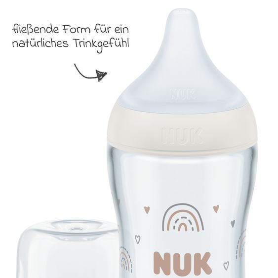 Nuk Premium Glas-Flaschen-Set Perfect Match 11-tlg. - 6 Babyflaschen + Flaschenbürste + Milchpulverportionierer + 3 Spucktücher - Regenbogen - Weiß