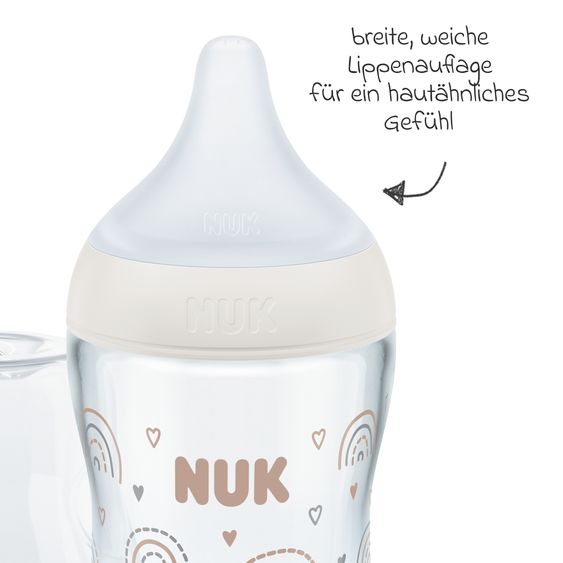 Nuk Premium Glas-Flaschen-Set Perfect Match 11-tlg. - 6 Babyflaschen + Flaschenbürste + Milchpulverportionierer + 3 Spucktücher - Regenbogen - Weiß