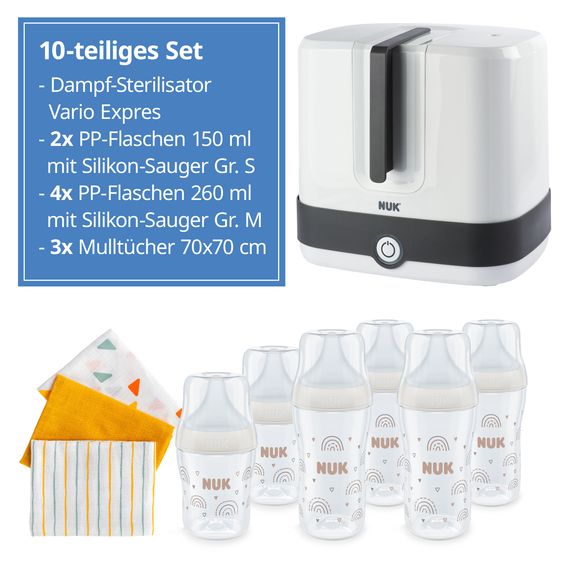 Nuk Premium Starter-Set 10-tlg. - Dampfsterilisator Vario Express + 6 PP-Flaschen Perfect Match + 3 Spucktücher - Regenbogen - Weiß