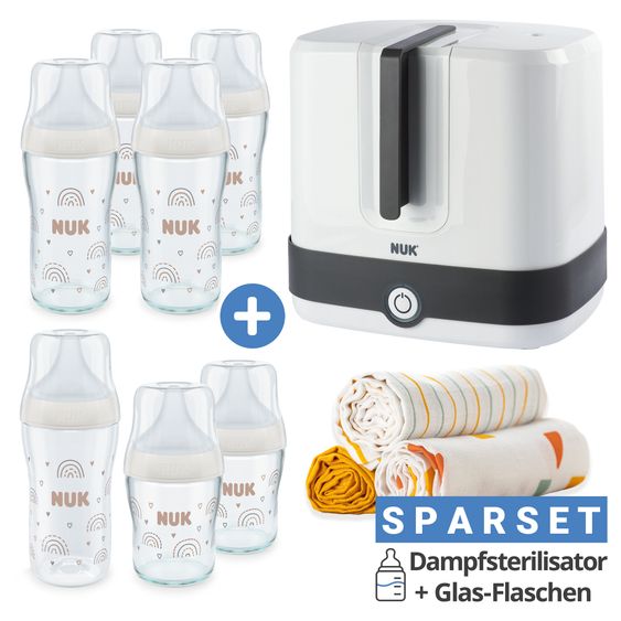 Nuk Premium Starter-Set 11-tlg. - Dampfsterilisator Vario Express + 6 Glas-Flaschen Perfect Match + 3 Spucktücher - Regenbogen - Weiß