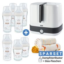 Premium Starter-Set 11-tlg. - Dampfsterilisator Vario Express + 6 Glas-Flaschen Perfect Match + 3 Spucktücher - Regenbogen - Weiß