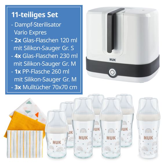 Nuk Set iniziale Premium 11 pezzi - Sterilizzatore a vapore Vario Express + 6 biberon Perfect Match + 3 pannolini per il ruttino - Arcobaleno - bianco