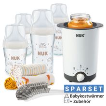 Premium starter set 9 pieces - Baby food warmer + 4 Perfect Match glass bottles + 1 bottle brush + 3 burp cloths - Rainbow - White