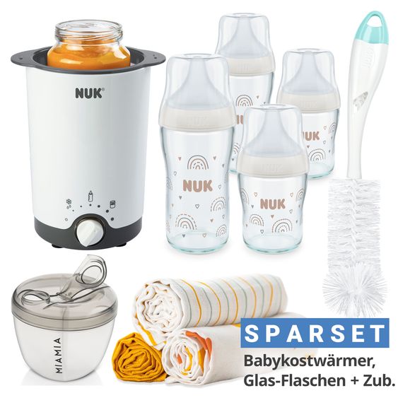 Nuk Set De Démarrage Premium 9 Pièces - Chauffe-Biberon + 4 Biberons En Verre Perfect Match + Brosse À Biberon + 3 Langes - Arc-En-Ciel