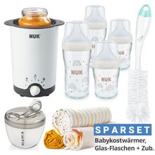 Premium Starter Set 9-tlg. - Babykostwärmer + 4 Glas-Flaschen Perfect Match + Flaschenbürste + 3 Spucktücher - Regenbogen