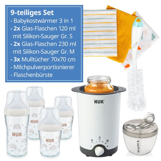 Nuk Set De Démarrage Premium 9 Pièces - Chauffe-Biberon + 4 Biberons En Verre Perfect Match + Brosse À Biberon + 3 Langes - Arc-En-Ciel